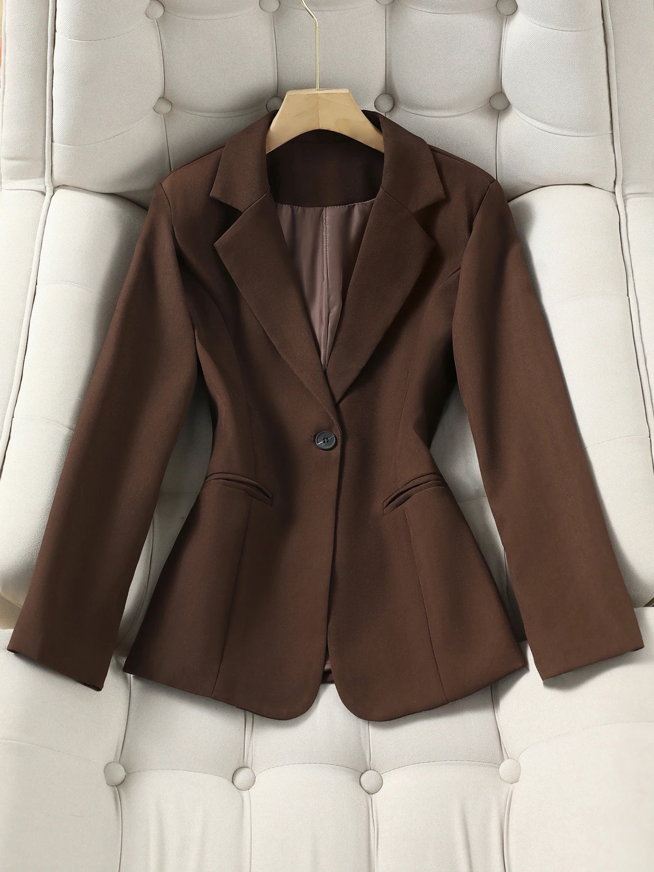 Women’s Chocolate Brown Tailored Blazer – Single-Button Notched Collar Jacket | Elegant Office & Casual Chic Outerwear