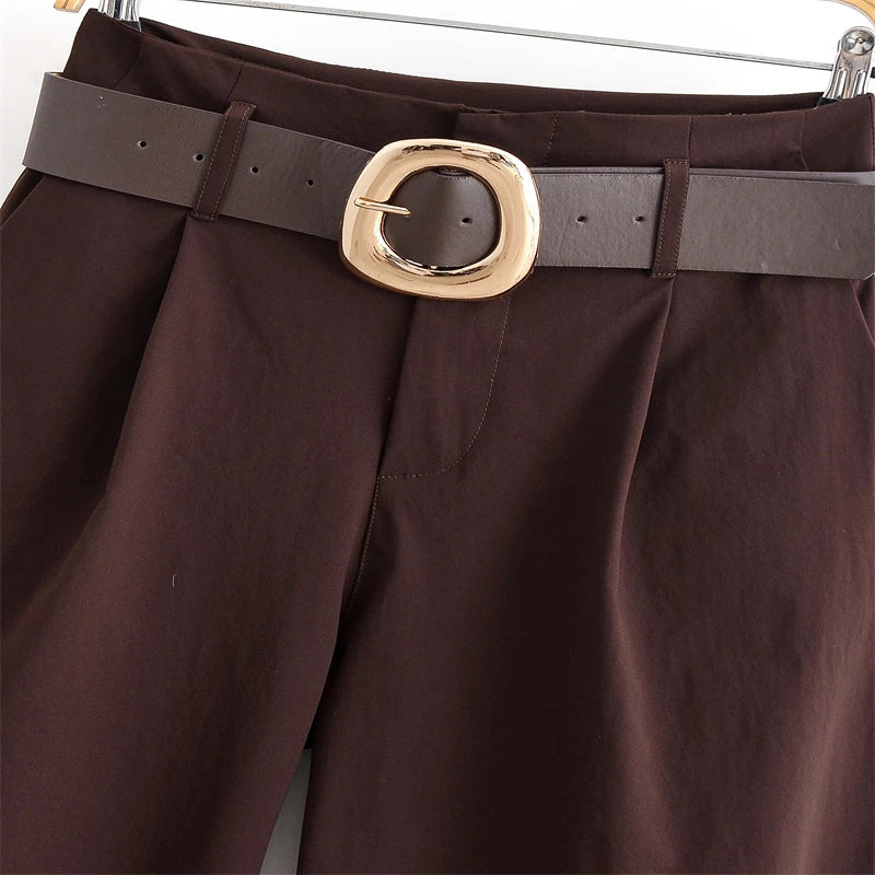Fashion Retro Brown Pleated Pant’s/High-Waist Slimming Wide-Leg Pants with Gold Circle Belt.