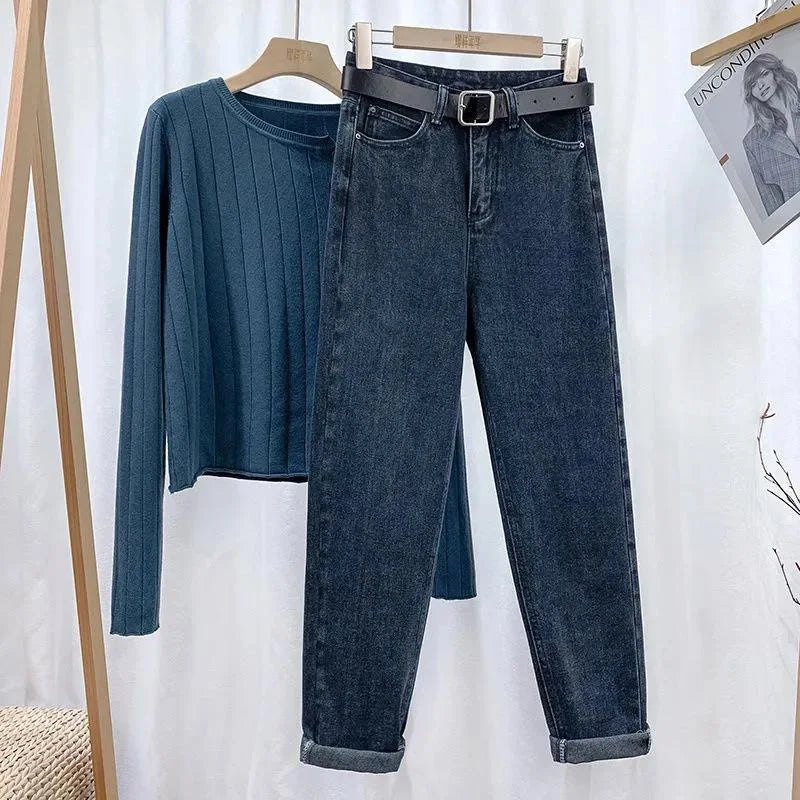 Symmetry Multi Style Pants/Stylish High Waisted Denim/Straight Leg Jeans Female Trousers/Pockets Roll Up Cuffs Casual Trendy Look.
