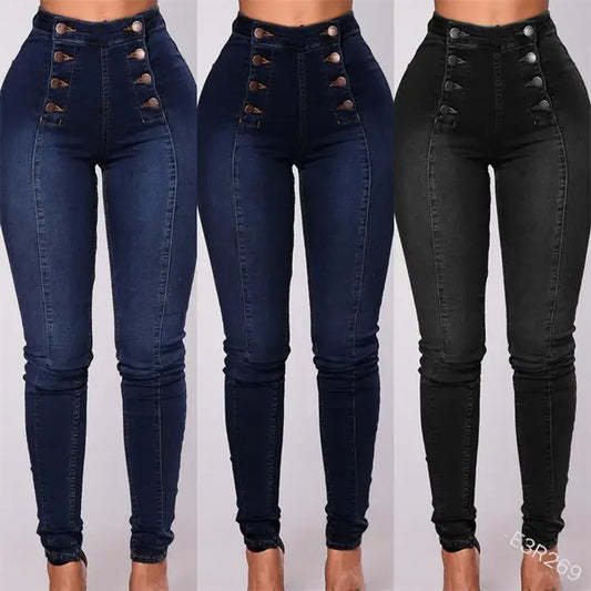 Luxury High-Waist Button Fly Skinny Jeans – Stretch Denim Body-Shaping Slim Fit Pants for Women (Blue & Black)