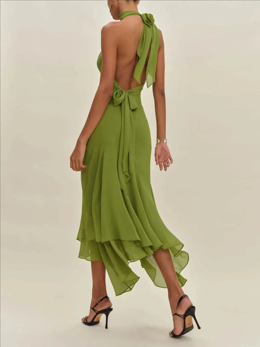Elegant Olive Green Halter Maxi Dress for Women – Backless Lace-Up Asymmetrical Hem Evening Party Gown | Modern Blend Boutique