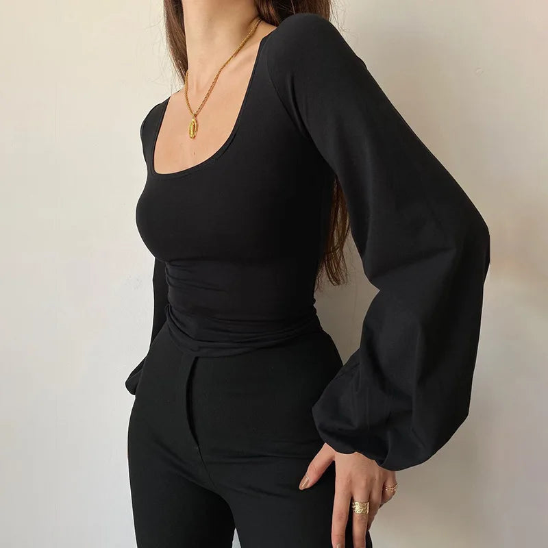 Stunning Black Puffy Blouse/Square Collar Slim Solid T-shirt. Stretched Sized Blended Fabric.