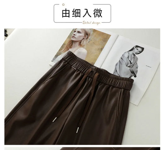 Luxury PU Leather Jogger Pants for Women – High-Waist Elastic Drawstring Wide-Leg Trousers – Comfy Chic Vegan Leather Athleisure Pants