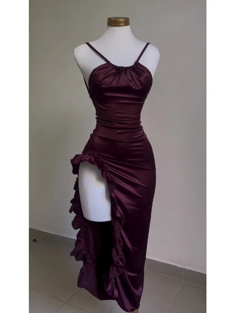 Burgundy Satin Ruched Maxi Dress – Open Back High Slit Spaghetti Strap Evening Gown for Women