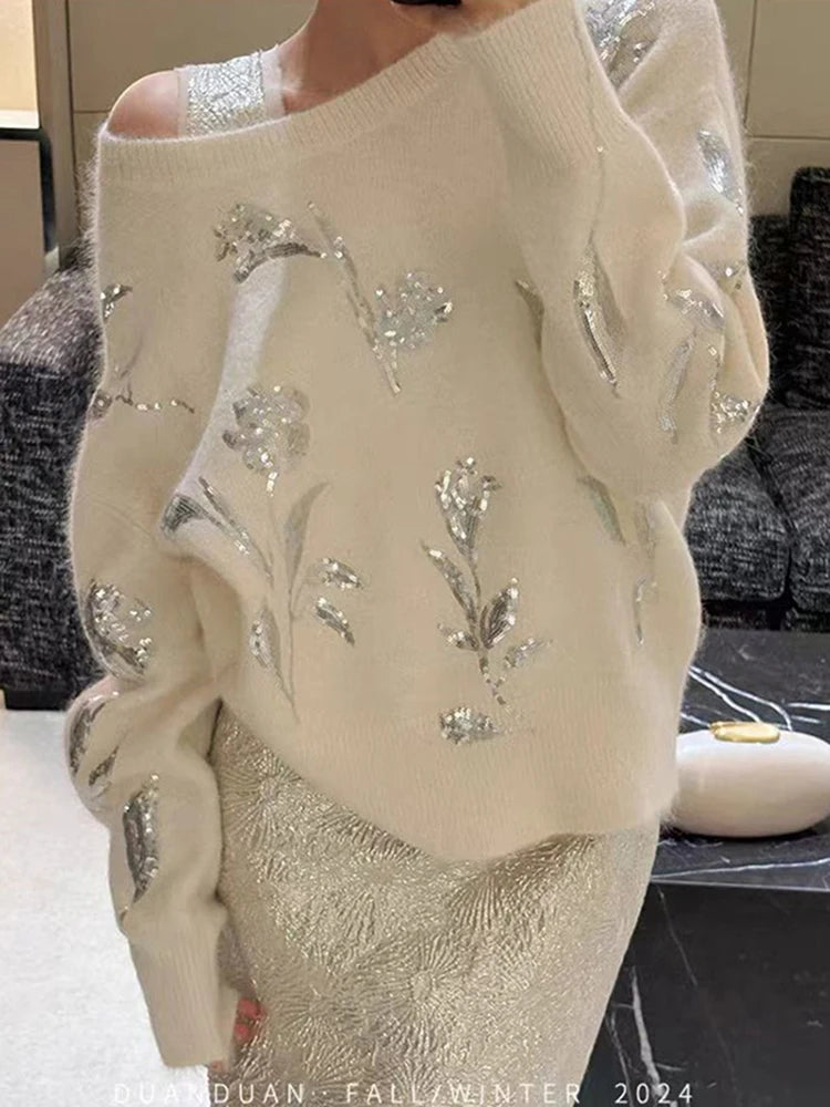 Stylish Loose Sequined Sweater/O~Neck Silver Floral Sweater/Long Sleeve Elegant Knitted Tops Pullovers Jumpers Pull Over.