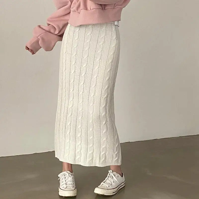 Solid Cotton Cable Crochet Skirts/Slim Fitted Fashion/Long Skirt Vintage/Elastic High Waisted Straight Skirt.