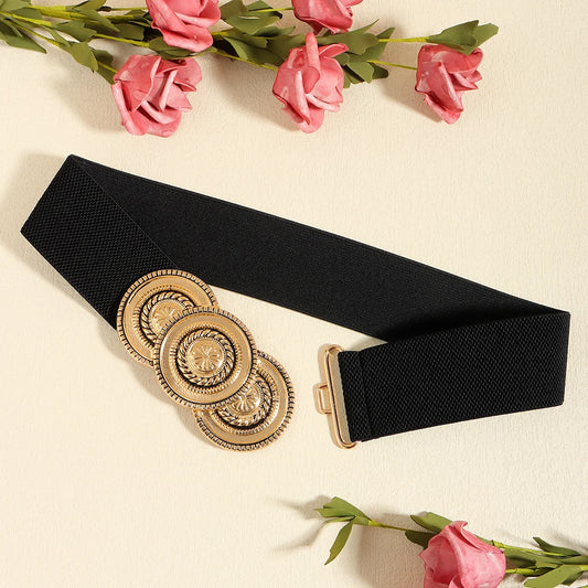 Luxury Wide Elastic Waist Belt for Women – Gold Statement Buckle Stretch Fashion Belt