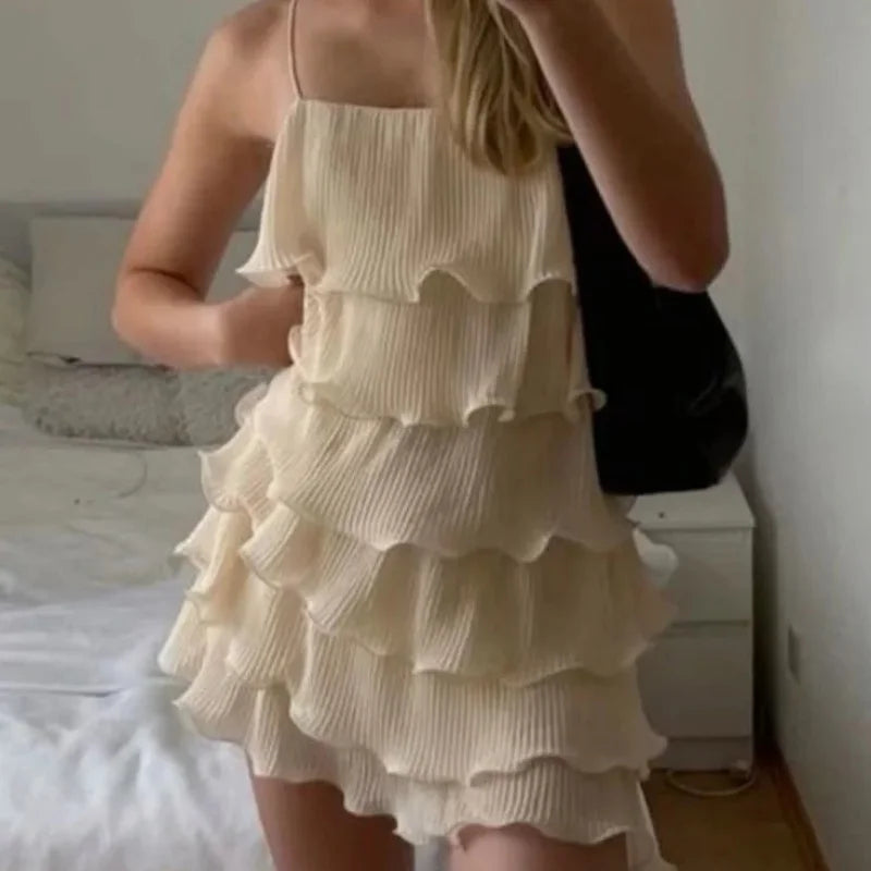 Elegant Layered Ruffle Mini Dress – Summer Polka Dot Sleeveless Look