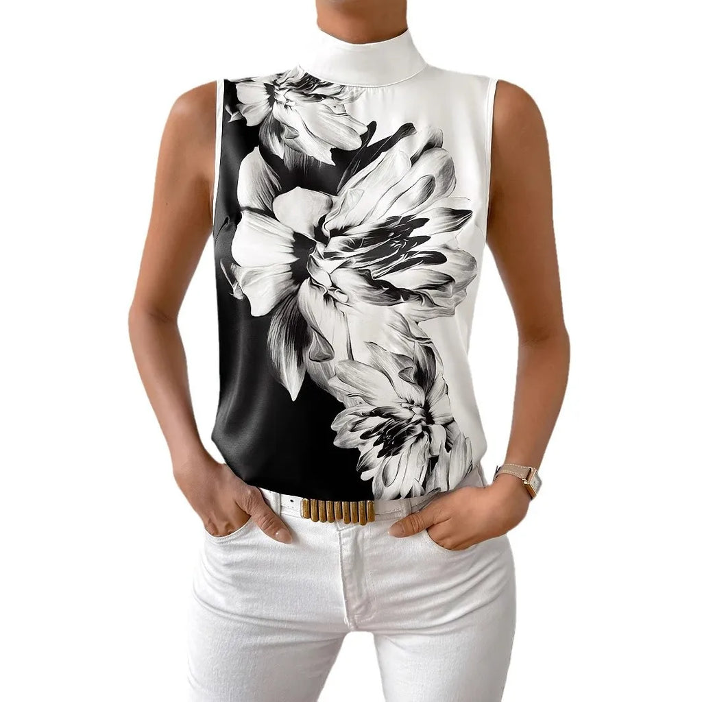 New Emery Rose Flower Print Blouses/2025 Style/Fashion/Sleeveless/Turtleneck Blouse Tops/Synthetic Fiber.
