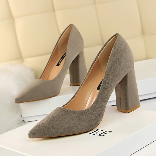 Women’s Suede-Look Pointed Toe Pumps | 8.5cm Block Heel Dress Shoes | Elegant Cognac Brown Heels