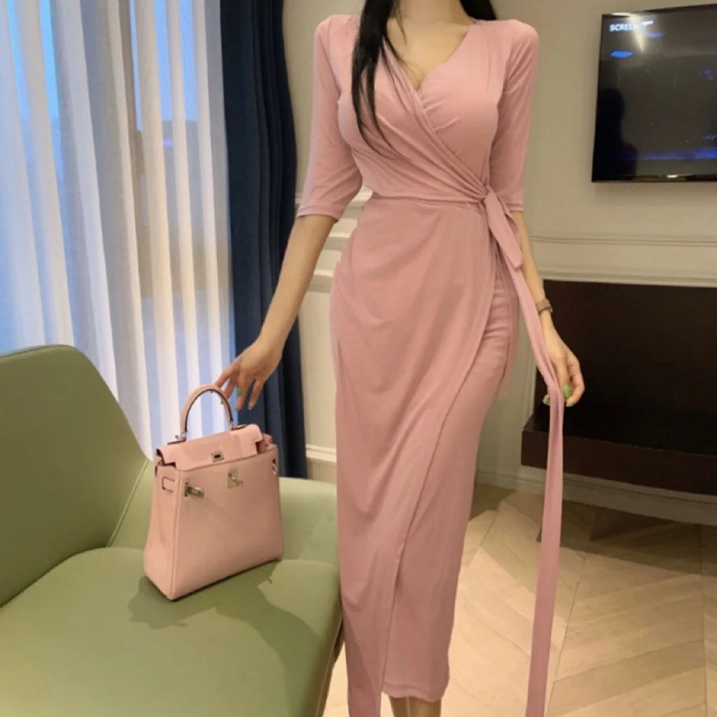 Slimming V-Neck Belted Maxi Dress.
