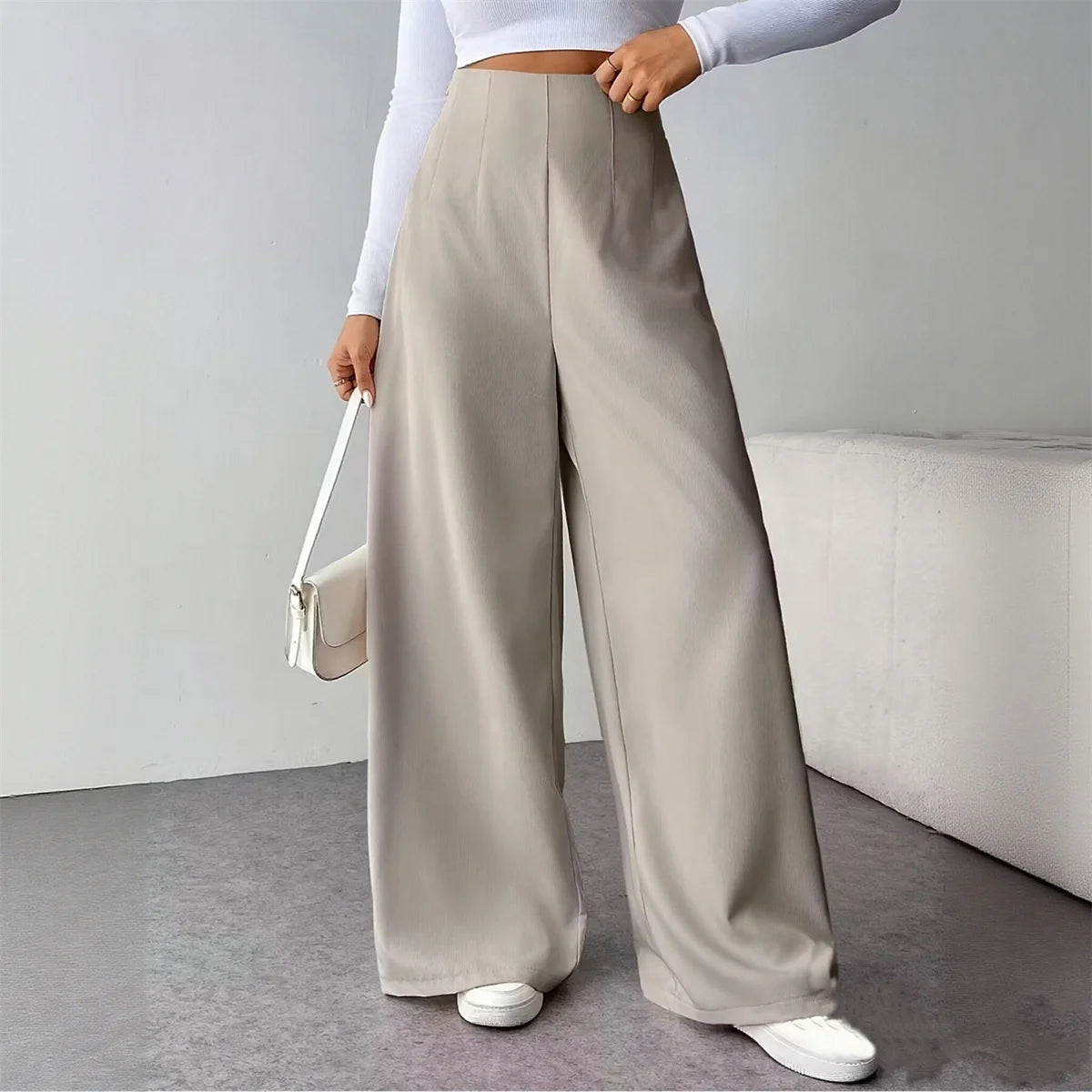 Fashioned Wide Leg Trouser’s/Non~Zipper Comfortable Fit/High Waist Pant’s/Slightly Stretched/Tatting Pattern Pant’s/Solid Colored Street Wear Clothing.