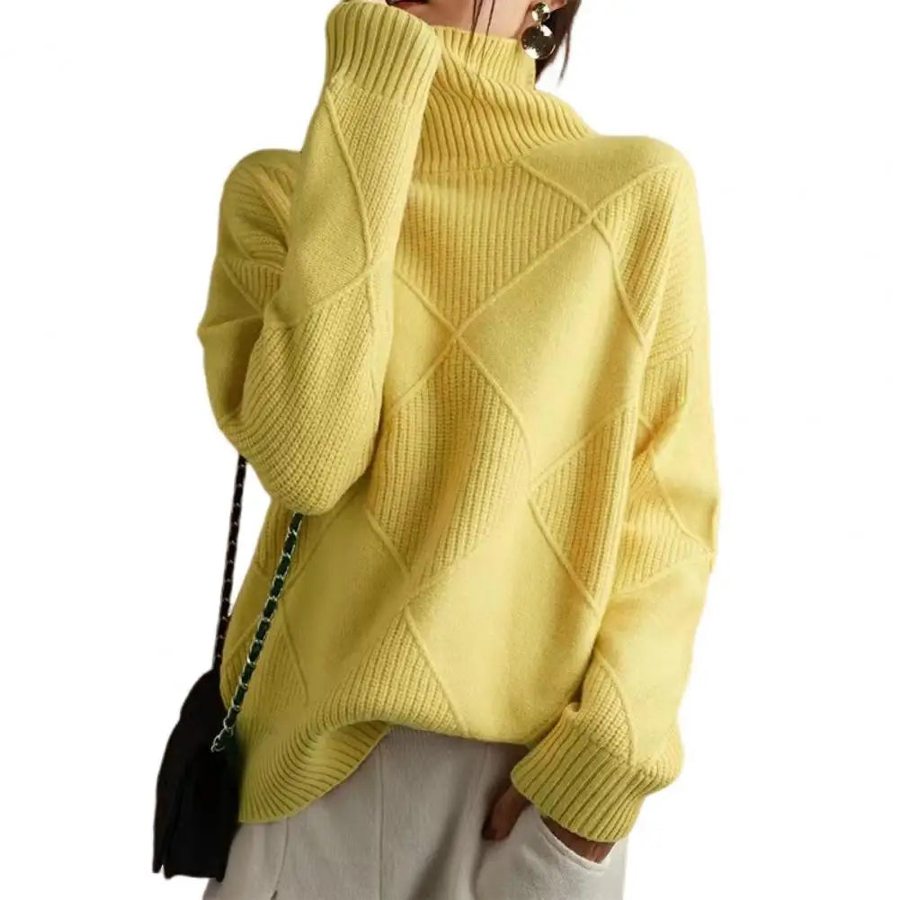 Solid Stylish Winter Turtleneck Sweater/ Elegant Thicken Warm Knitted Pullover/Crochet Texture Slim Tops Loose Jersey Knitwear Jumper.