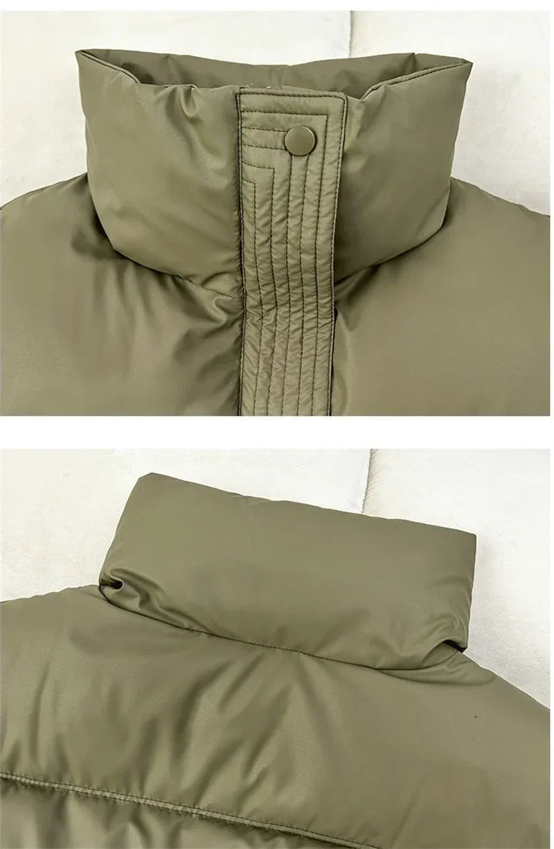 New Autumn Casual Loose Down Cotton Vests Women Stand Collar Short Sleeveless Coats Solid Zipper Waistcoat Winter Warm Vest