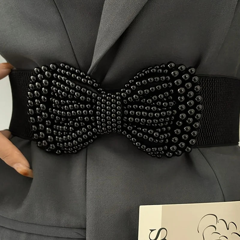 Refined Bowknot Elastic Belt/Elegant Women Wide Side Waistband/Female Dress Coat Clothing Exquisite Decoration Belt.