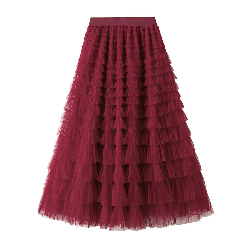 Elegant Layered Mesh Skirt For Women/High-Waisted Puff Skirt/Dropped A~Line/Appliqués Decorative Loose Fitted Skirt.
