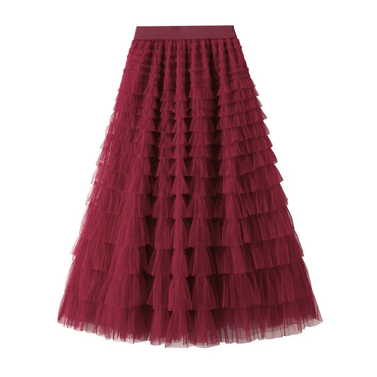 Elegant Layered Mesh Skirt For Women/High-Waisted Puff Skirt/Dropped A~Line/Appliqués Decorative Loose Fitted Skirt.