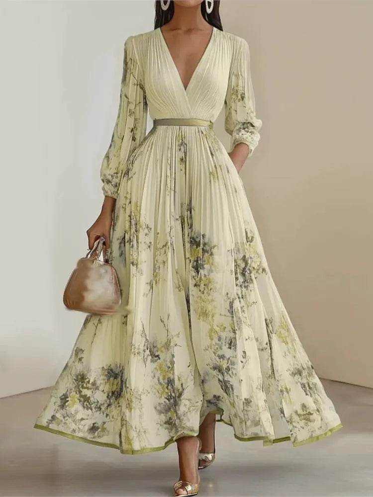 Stunning V-Neck Printed Dress/Long Sleeve V Neck/High Waist Lace-up Loose Dresses/Robe Femme Holiday.