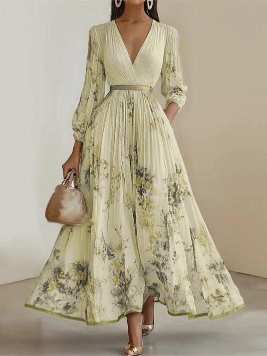 Stunning V-Neck Printed Dress/Long Sleeve V Neck/High Waist Lace-up Loose Dresses/Robe Femme Holiday.