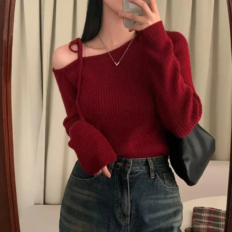 Solid Off Shoulder Pullover Women Sweater/Fashion Autumn Long Sleeved Knit Top/Lace-up Solid Casual Wear/One Size Stretched Fit.