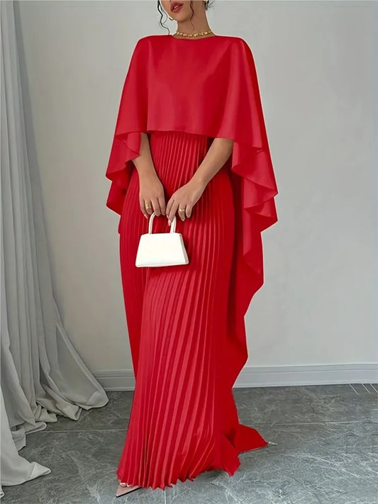 Effortlessly Elegant Cape Dress/Women's Bat Sleeve Curling Irregular Elegant Seven Inch Sleeve Long Dress.