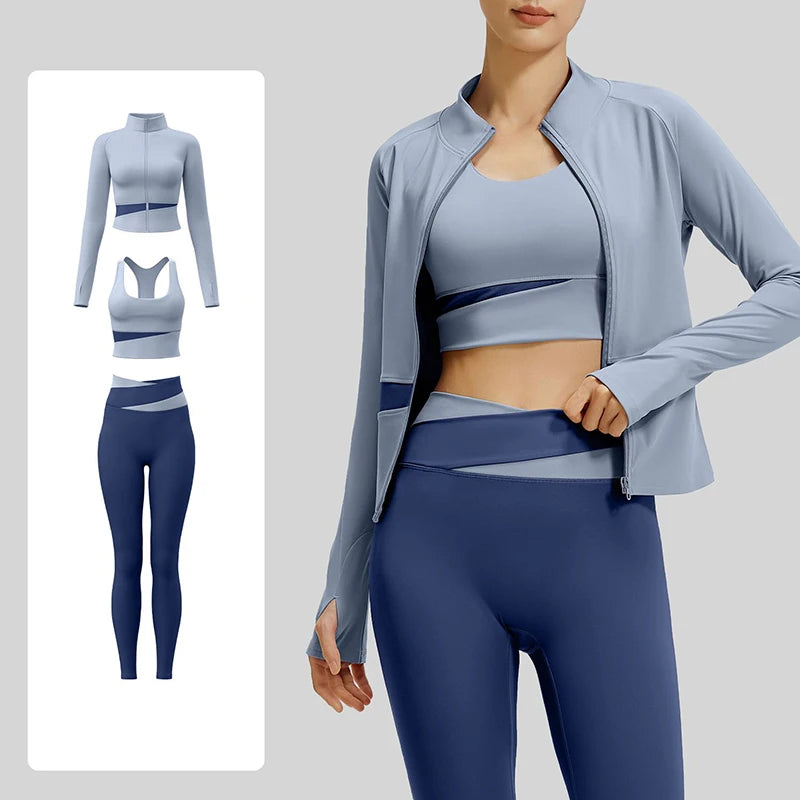 Women’s 3-Piece Colorblock Activewear Set – High-Waist Leggings, Sports Bra & Zip-Up Yoga Jacket | Breathable Quick-Dry Workout Set