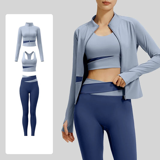 Women’s 3-Piece Colorblock Activewear Set – High-Waist Leggings, Sports Bra & Zip-Up Yoga Jacket | Breathable Quick-Dry Workout Set
