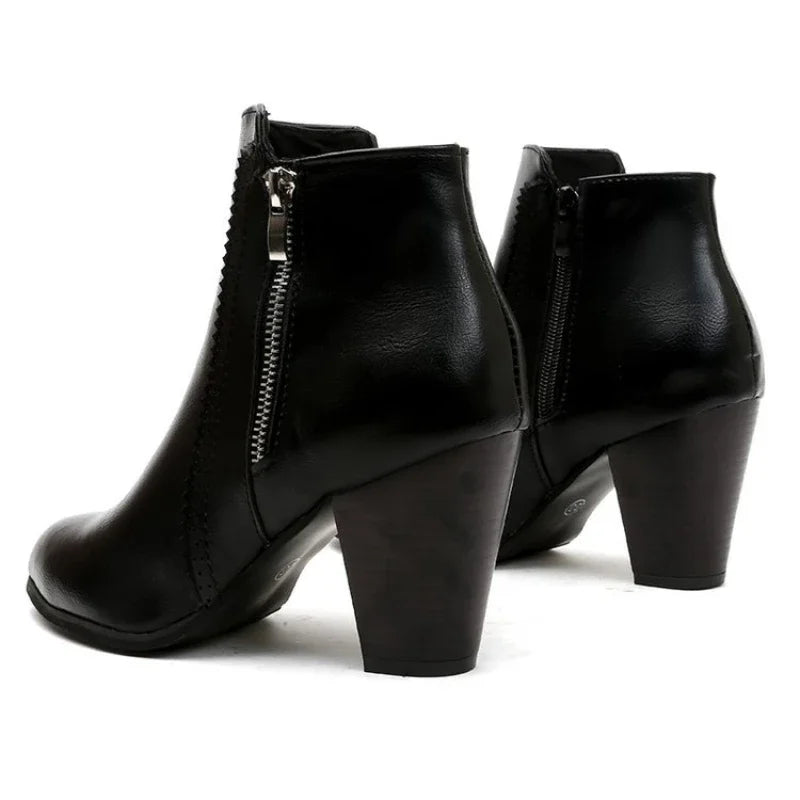 Women’s Faux Leather Ankle Boots | Chunky Block Heel, Side Zipper, Round Toe, Classic Dress Booties – Black & Cognac Brown