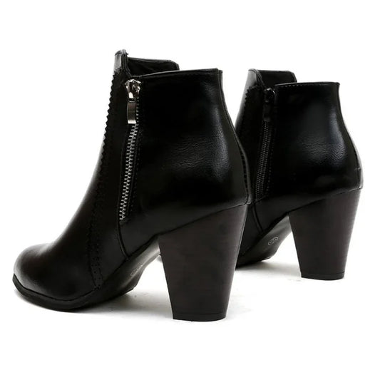 Women’s Faux Leather Ankle Boots | Chunky Block Heel, Side Zipper, Round Toe, Classic Dress Booties – Black & Cognac Brown