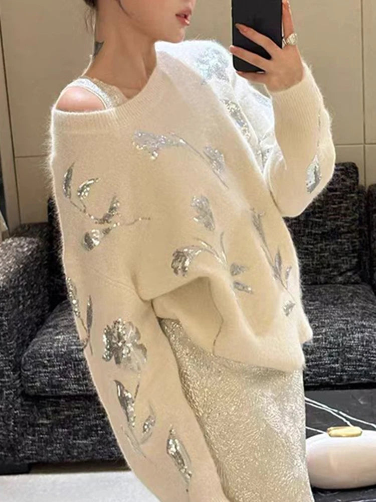 Stylish Loose Sequined Sweater/O~Neck Silver Floral Sweater/Long Sleeve Elegant Knitted Tops Pullovers Jumpers Pull Over.
