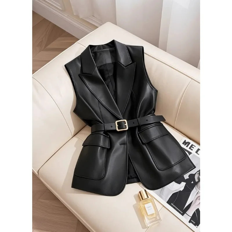 Black Leather Waistcoat This Year's Popular Explosive Unique High-level Sense of Folded Sleeveless Coat.