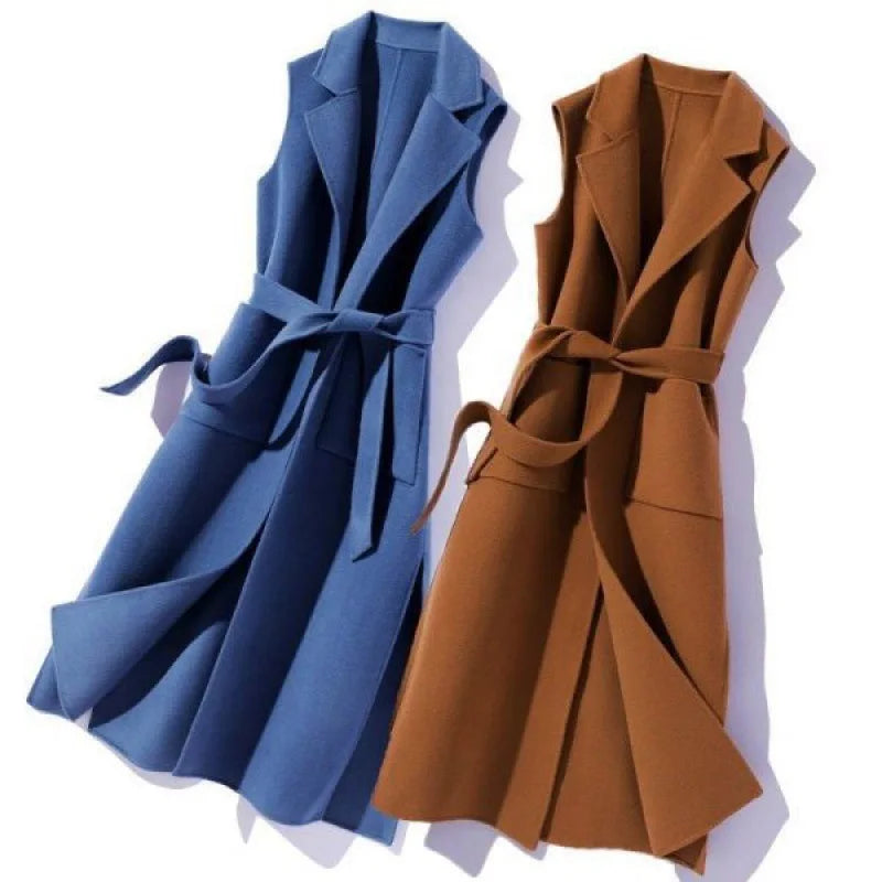 Waist Coat Notch Autumn Winter Jacket/Mid Long Sleeveless/Polo Collar Cotton Vest With Belt/Waist Elegant Casual Coat.