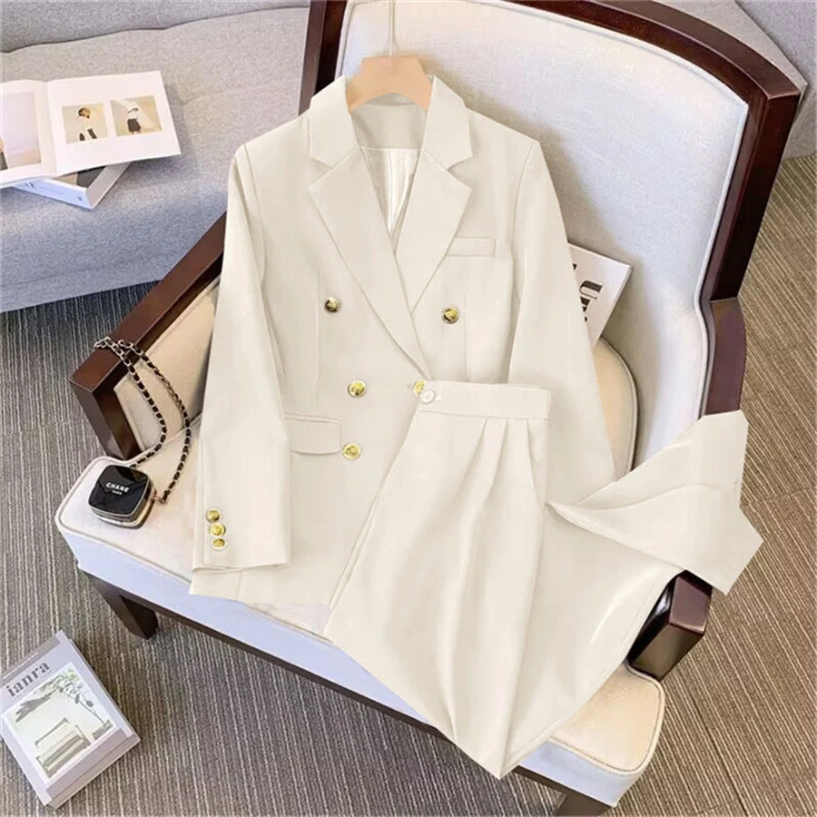 Khaki Office Double Breasted Suits Sets Women New Long Sleeve Blazer Jackets Conjunto Ol High Waist Straight Pants Outfit