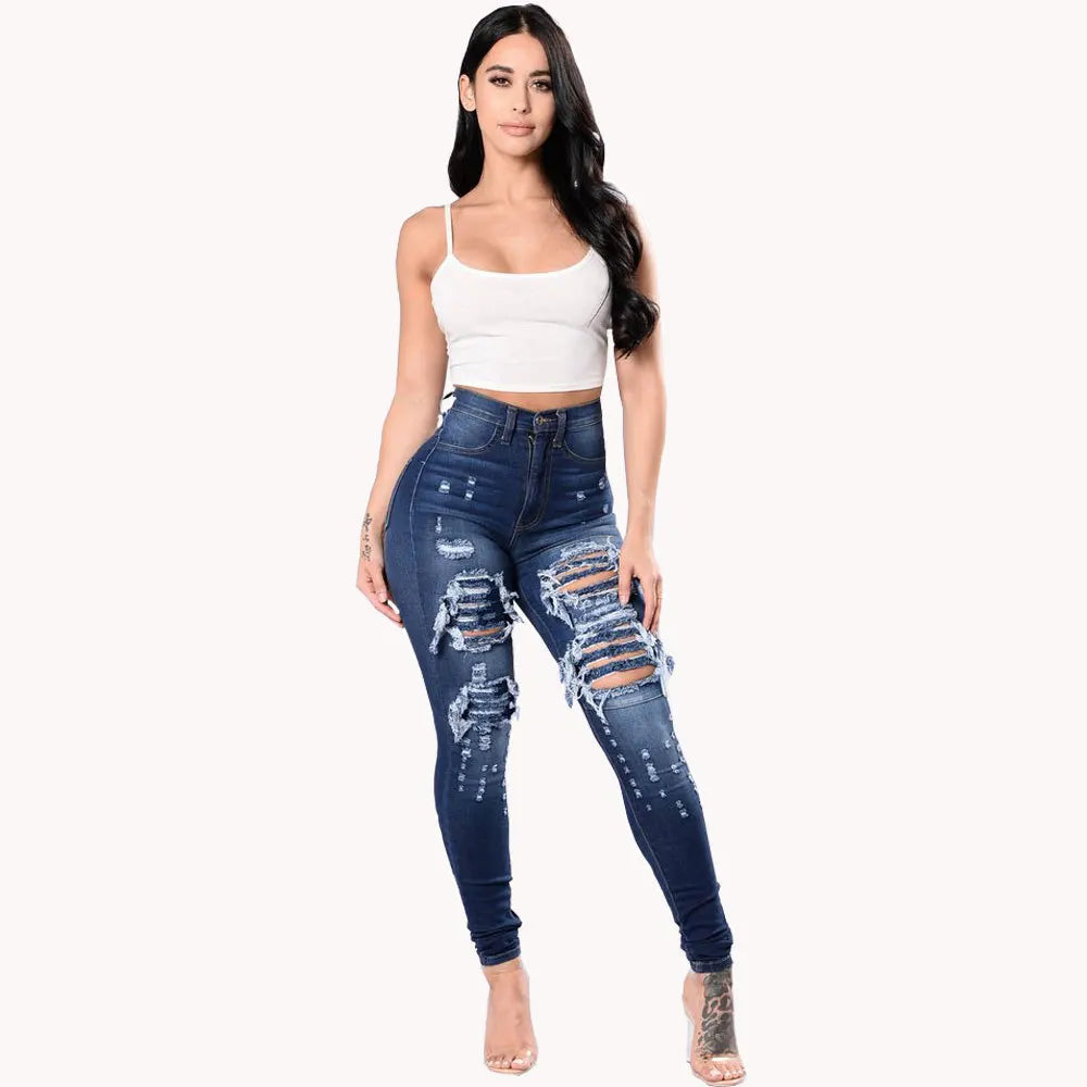 Hollow Out Ripped Denim’s/ High Waist Jeans/Elastic Designed Skinny Jeans/Vintage Stretch Style/Zipper Fly Pencil Pant’s.