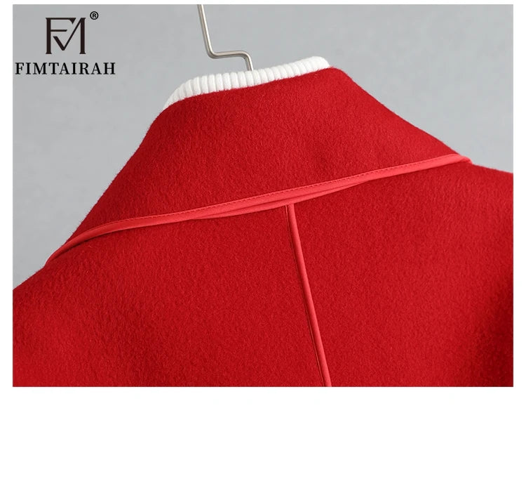 Women’s 100% Merino Wool Long Wrap Coat – Luxury Double-Breasted Style, Wide Lapel Collar, Belted Waist, Elegant Winter Outerwear