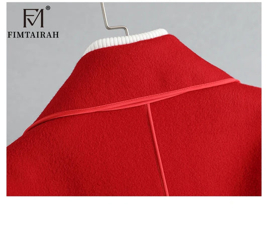 Women’s 100% Merino Wool Long Wrap Coat – Luxury Double-Breasted Style, Wide Lapel Collar, Belted Waist, Elegant Winter Outerwear
