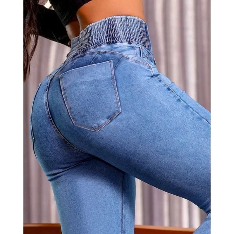 Hot Look Elasticated High-Rise Jean’s/Stretch Fit/Slim Flared Pants/Hip Lift Jeans/Black Patchwork/Medium Stretch Women's Trousers Streetwear.