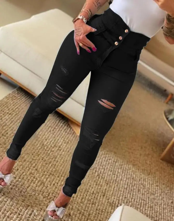 Trend Autumn Fashion High Waist/Buttoned Cutout Ripped Casual/Skinny Plain Pocket Design Daily Long Jeans/Non~Stretch.