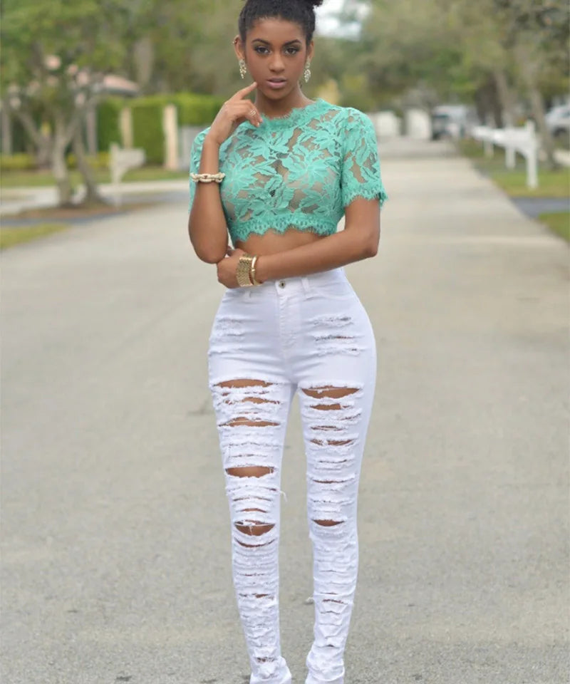 Hollow Out Ripped Denim’s/ High Waist Jeans/Elastic Designed Skinny Jeans/Vintage Stretch Style/Zipper Fly Pencil Pant’s.