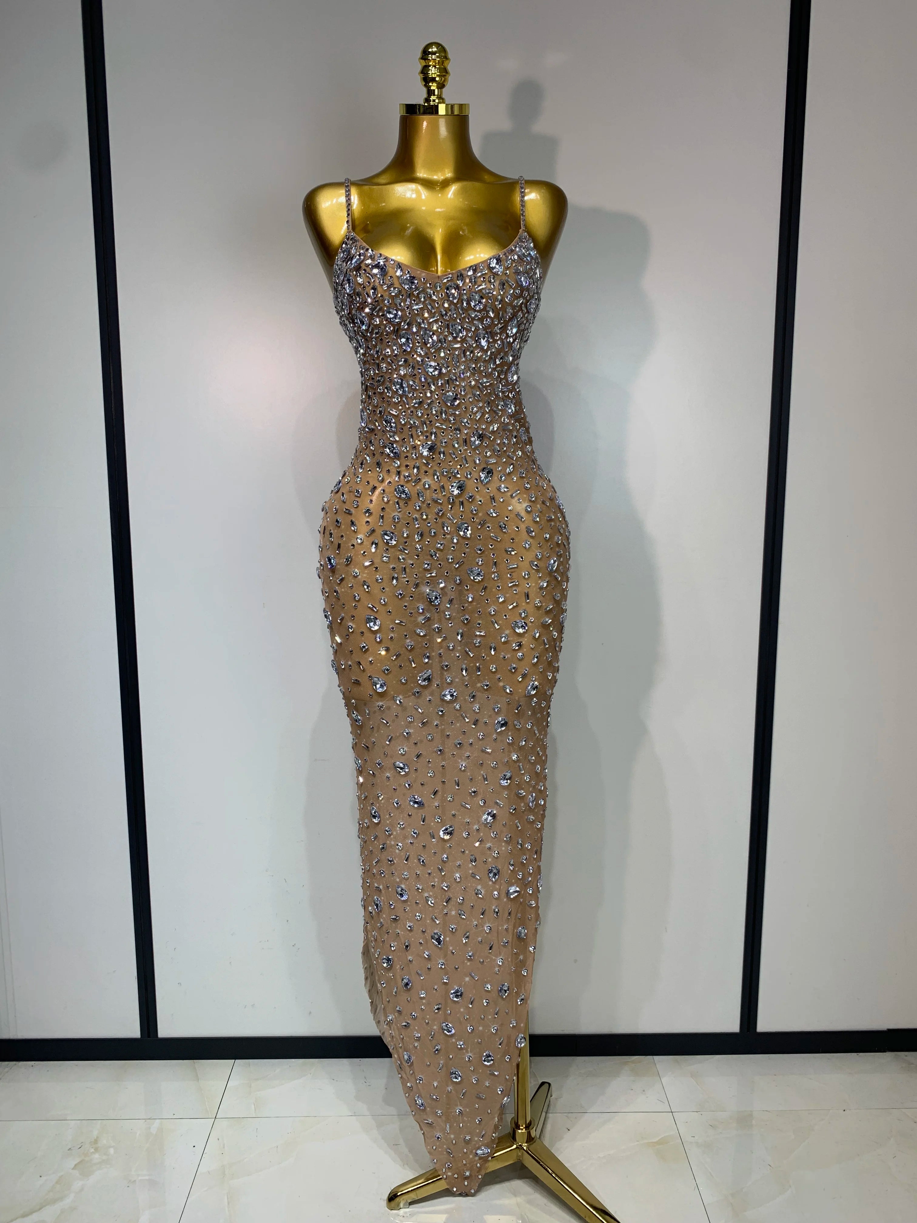 Luxury Champagne Crystal Embellished Maxi Gown – Spaghetti Strap Elegant Evening Dress