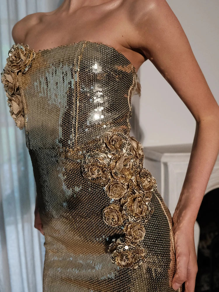 Sexy Golden Off Shoulder Sequin Dress/Long Strapless Floral Embellishment/Sleeveless Slim High Waist Cocktail Event’s.