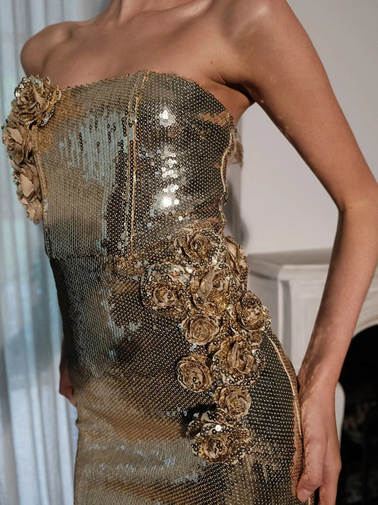 Sexy Golden Off Shoulder Sequin Dress/Long Strapless Floral Embellishment/Sleeveless Slim High Waist Cocktail Event’s.