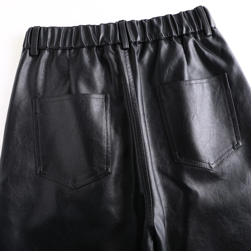 Modern Leather Leg PU Trousers/ Back Elastic Waist  Straight Elegant  Leather Trousers.