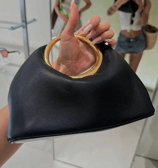 Luxury Sculpted Black Handbag with Gold Circular Handle – Modern Statement Top Handle Purse for Women