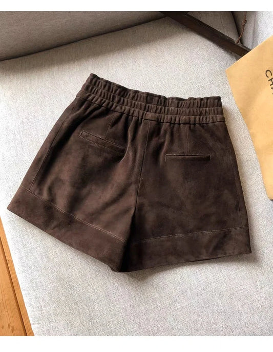 Women’s Brown Faux Suede Shorts – Elastic Waist Soft Leather-Look Fall Boutique Shorts