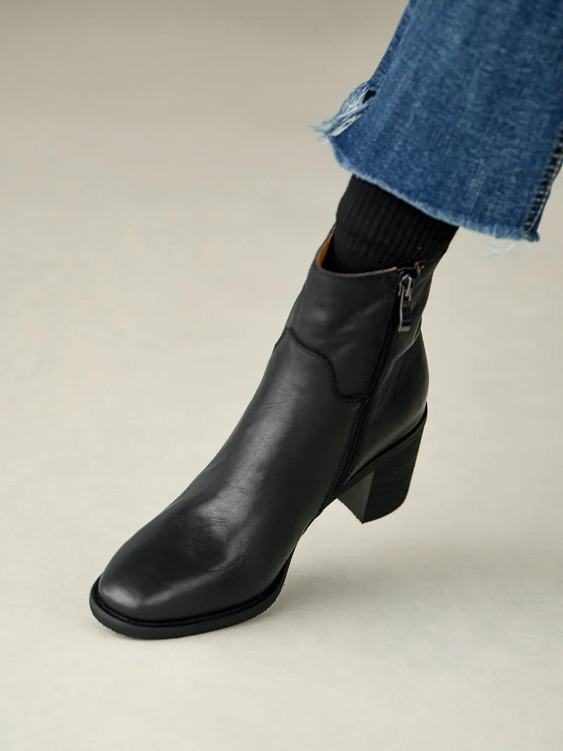 Women’s Genuine Leather Ankle Boots | Vintage European-Inspired Round Toe Booties, Side Zipper, Block Heel, Classic British Style