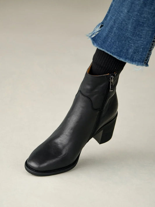 Women’s Genuine Leather Ankle Boots | Vintage European-Inspired Round Toe Booties, Side Zipper, Block Heel, Classic British Style