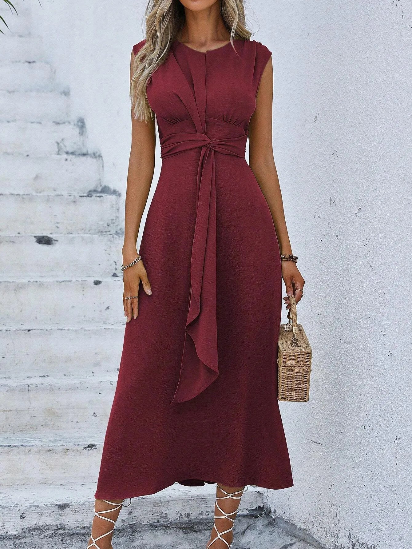 Elegant Sleeveless Waist Tie Midi Dress for Women – Romantic Vacation A-Line Summer Dress | Casual Chic Date Night Outfit | Modern Blend Boutique
