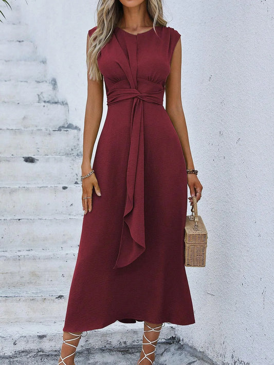 Elegant Sleeveless Waist Tie Midi Dress for Women – Romantic Vacation A-Line Summer Dress | Casual Chic Date Night Outfit | Modern Blend Boutique