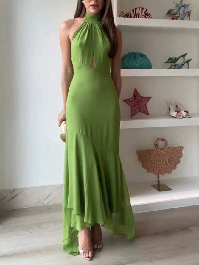 Elegant Olive Green Halter Maxi Dress for Women – Backless Lace-Up Asymmetrical Hem Evening Party Gown | Modern Blend Boutique